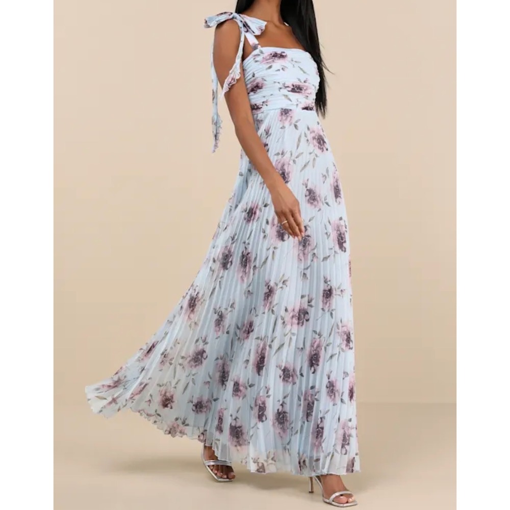 Lulus Purpose Blue Floral Pleated Sleeveless‎ Bow Maxi Dress XL NEW